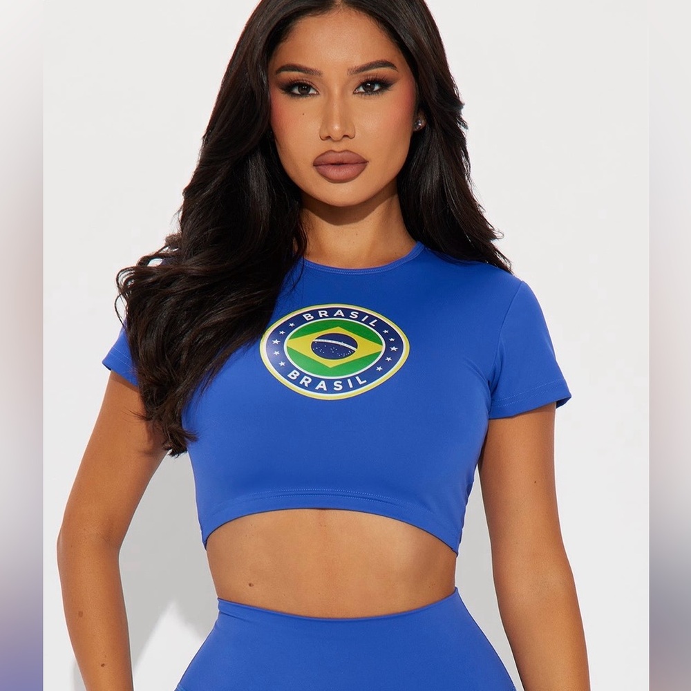 Fashion Nova Blue Brasil and Atlanta Graphic Crop Top
